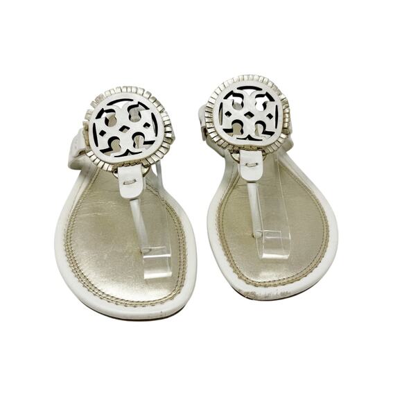 TORY BURCH Metallic Gold Cream Fringe Miller Logo Sandals Flip Flops Size 8 - Picture 2 of 9